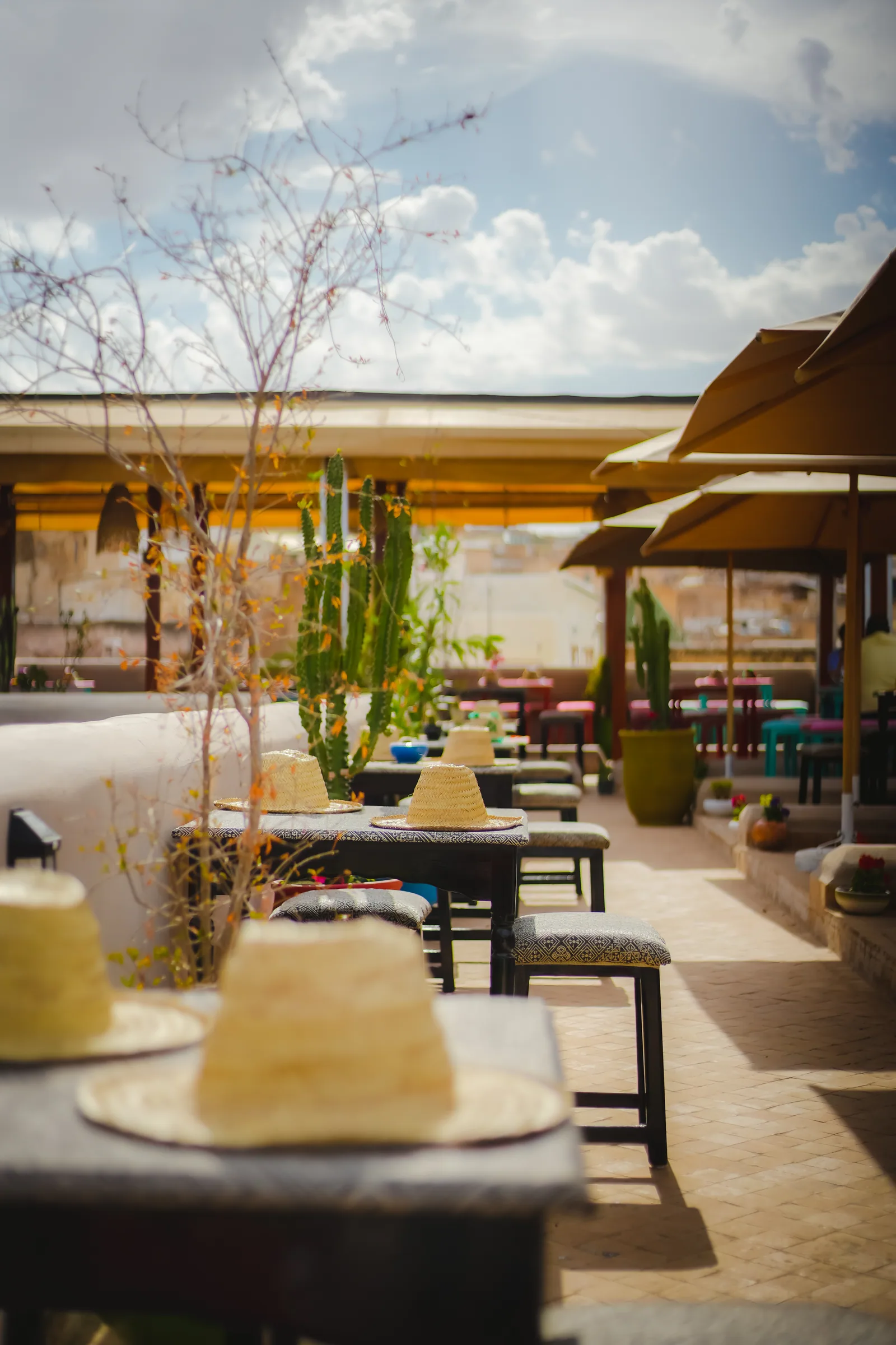Set tables on a restaurant terrace in Fez