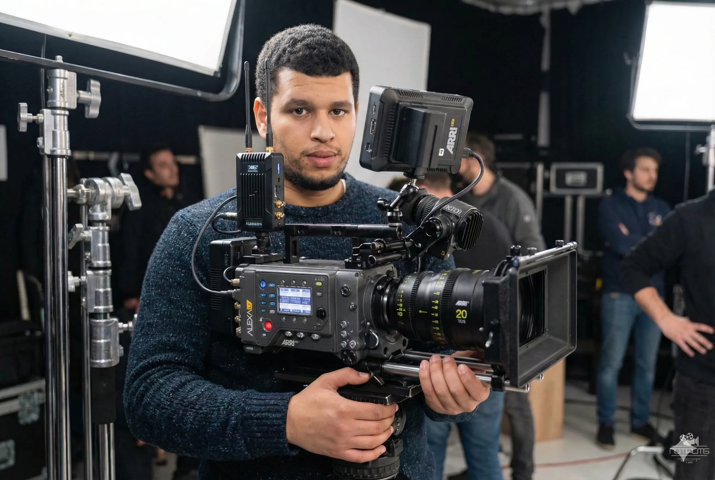 Mohammed Laâchach tenant une caméra de cinéma sur un plateau